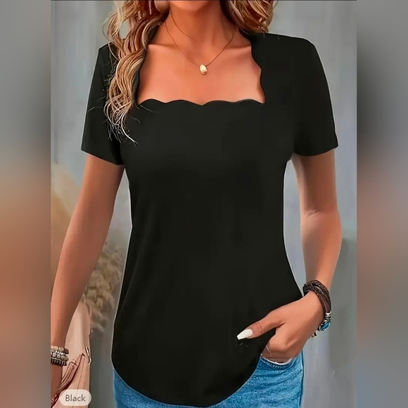 Tops - Black Scalloped Neck Women's Top